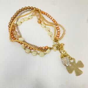 Vtge CHICO'S Luxe Statement Layered Glass Pearl Gold/Pink Tone Cross Necklace